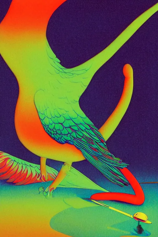 Prompt: a colorful vibrant closeup portrait of a bird licking a tab of LSD acid on his tongue and dreaming psychedelic hallucinations, by kawase hasui, moebius, Edward Hopper and James Gilleard, Zdzislaw Beksinski, Steven Outram colorful flat surreal design, hd, 8k, artstation