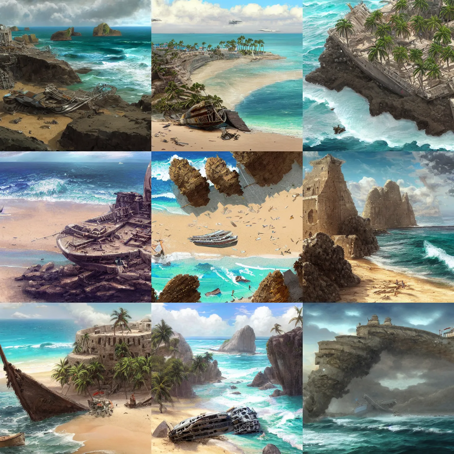 Prompt: many wrecked ships on the beach with palm trees and white stone ruins and high diagonal sharp rocks and bushes, cloudy weather, isometric view, highly detailed, digital painting, artstation, concept art, smooth, sharp focus, illustration, artstation, art by giger and greg rutkowski and hikari shimoda and edmund blair leighton and charlie bowater