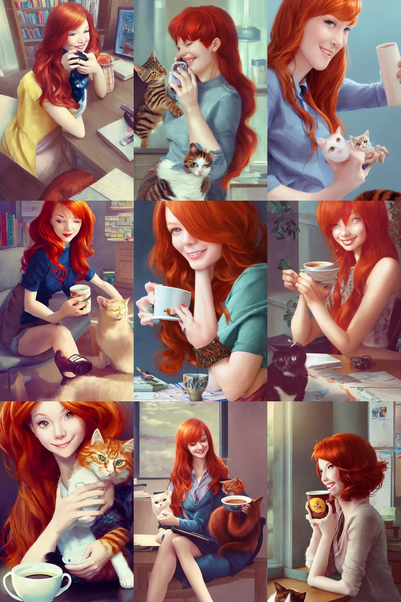 Prompt: a beautiful redhead girl sitting in her office petting a cat, drinking coffee | | cute - fine - subtle smile, colorful hair, face, pretty face, fine details by stanley artgerm lau, wlop, rossdraws, james jean, andrei riabovitchev, marc simonetti, and sakimichan, trending on artstation