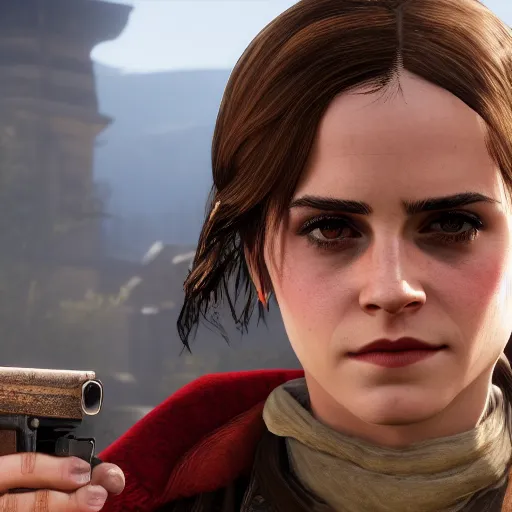 Prompt: Emma Watson in Red Dead Redemption 2 (2018 videogame), dressed as a Western sheriff, game box art