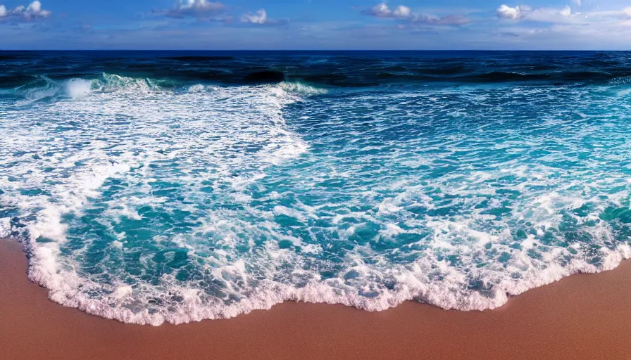 Image similar to beautiful crystal water sea with big breaking waves, sandy beach in the foreground, sun in the sky, hyperdetailed, artstation, cgsocitety, 8 k