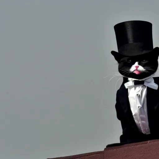 Prompt: Tuxedo Cat in a top hat on a rooftop in Philadelphia