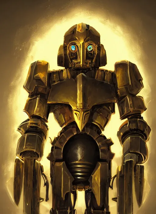 Image similar to full body, dynamic attack position abstract portrait of a intricate glorious holy mechanical warforged character in yellow armor holding a paladin engraved great longsword drawn and carrying a big paladin shield, glowing eye, face in focus, pit droid, epic , trending on ArtStation, masterpiece, cinematic lighting, by Ross Tran and by Greg Rutkowski