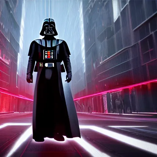 Image similar to photo of Darth vader walking in a futuristic city in a dystopian future made of electronic components and looks like a giant pcb board. Very detailed 8k. Unreal engine 5 render with nanite, global illumination and path tracing. Cinematic post processing. Emphasize on the colors black and red.