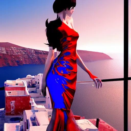 Prompt: cyberpunk girl wearing a red and blue swirling dress, standing on a Santorini terrace looking down into the ocean, trending on artstation, cinematic, photorealistic