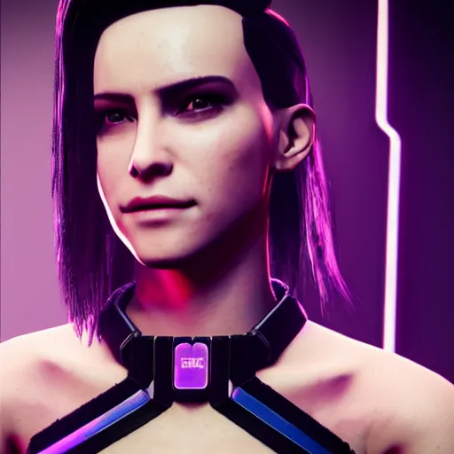 Prompt: female V from Cyberpunk 2077 wearing spiked black choker, steel collar, steel choker, punk, steel collar, 4K, realistic, spiked collar, art, beautiful,