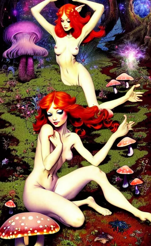 Prompt: fairies with detailed faces and red hair, enchanted cosmic forest, mushrooms on the ground, psychedelic, wide angle shot, white background, vector art, illustration by frank frazetta