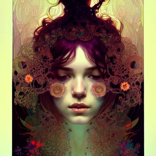 Image similar to Girl have a psychedelic experience, magic mushrooms, psilocybin, face, detailed, intricate, elegant, highly detailed, digital painting, artstation, concept art, smooth, sharp focus, illustration, art by Krenz Cushart and Artem Demura and alphonse mucha