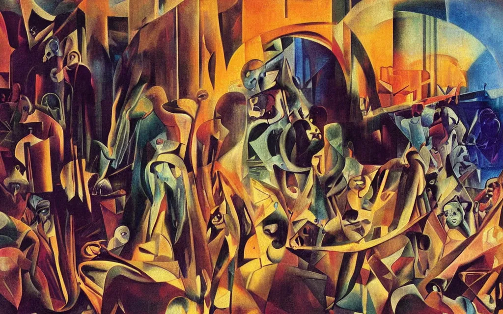 Image similar to colorized movie still from metropolis, oil painting by dali, iridescent color palette chromatic aberration