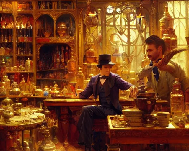 Prompt: attractive magician man, in magic shop. highly detailed painting by gaston bussiere, craig mullins, j. c. leyendecker 8 k