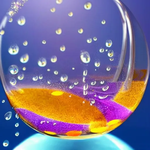 Image similar to clear water droplets falling through a translucent purple spiraling straw into a lake with gold fish in it, realistic, bright and happy,