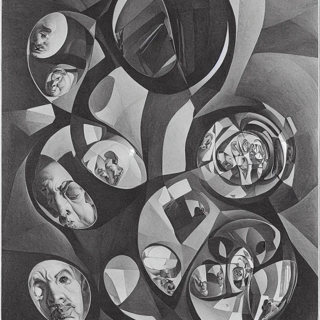 Prompt: a man looking his face reflection on a mirror sphere by M. C. Escher