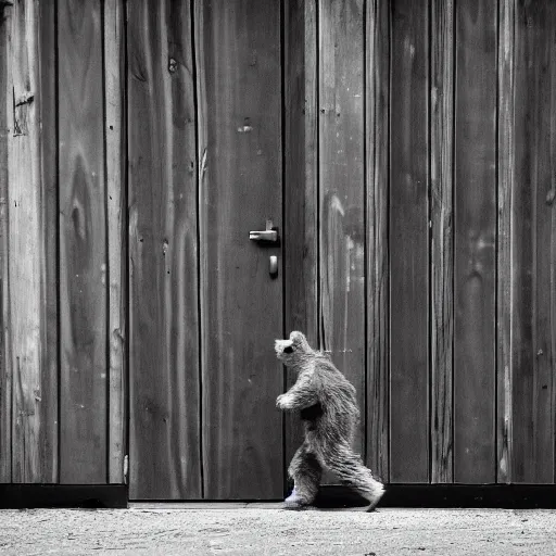 Image similar to dark photograph of a small bear mascot walking through a large wooden doorway