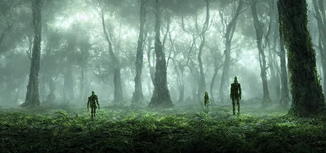 Image similar to a complex organic fractal 3 d metallic symbiotic ceramic humanoid megastructure creature in a swampy lush forest, foggy, cinematic shot, photo still from movie by denis villeneuve, 9 0 s anime