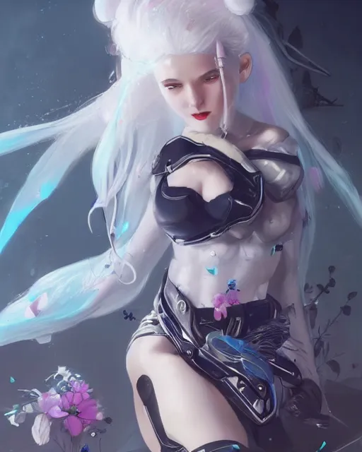 Image similar to cyborg girl with white hair and black skirt, flower decorations, dreamy, beautiful illustration, scifi, radiant, atmosphere, harmony, top lighting, blue eyes, focused, perfect composition, artstation, highly detailed, art by yuhong ding and chengwei pan and serafleur and ina wong