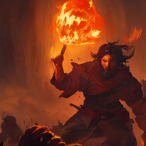 Image similar to beautiful painting of a male halfing bard, casting fireball and killing a whole village, painted by greg rutkowski