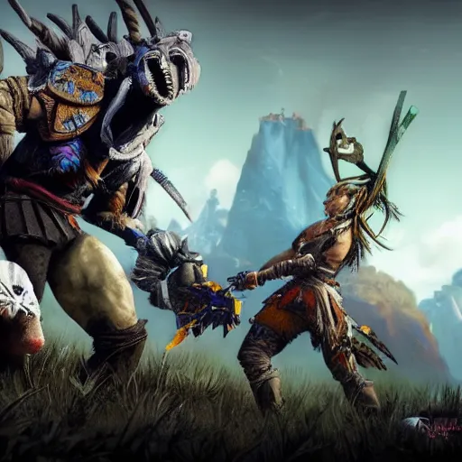 Prompt: Geralt fighting a Thunderjaw machine from Horizon Zero Dawn in the style of an oil painting