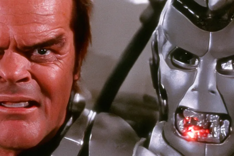 Image similar to Jack Nicholson plays Pikachu Terminator, scene where his inner endoskeleton is visible and his eye glows red, still from the film