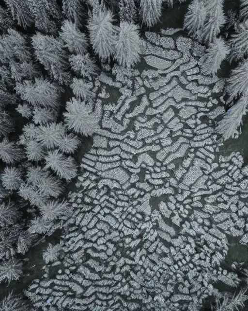 Image similar to alpine landscape, made of intricate decorative lace leaf skeleton, shot from a drone, in the style of the dutch masters and gregory crewdson, dark and moody