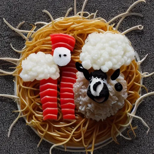 Image similar to edible sheep made of rice, noodles and tuna sashimi from the beautiful'food art collection ', dslr