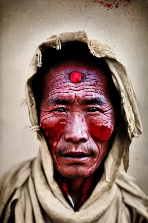 Image similar to ultra realistic vintage photo portrait of a tibetan man with a deep bloody hole on the middle of his forehead, by Annie Leibovitz,