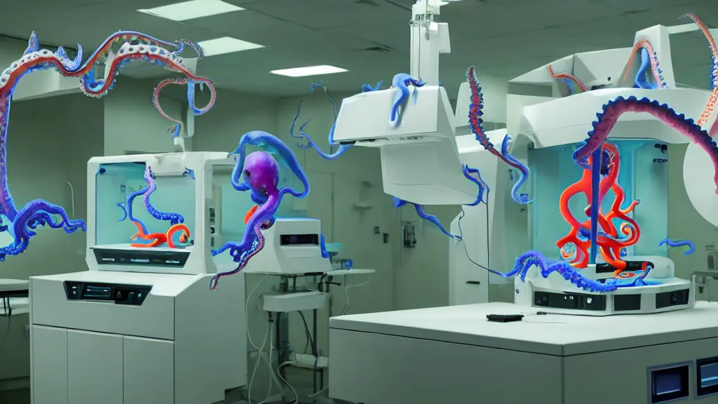 Image similar to a complex bifurcated surgical arm hack mri 3 d printer machine making colorful mutant octopus forms and control panels in the laboratory inspection room, film still from the movie directed by denis villeneuve with art direction by salvador dali, wide lens