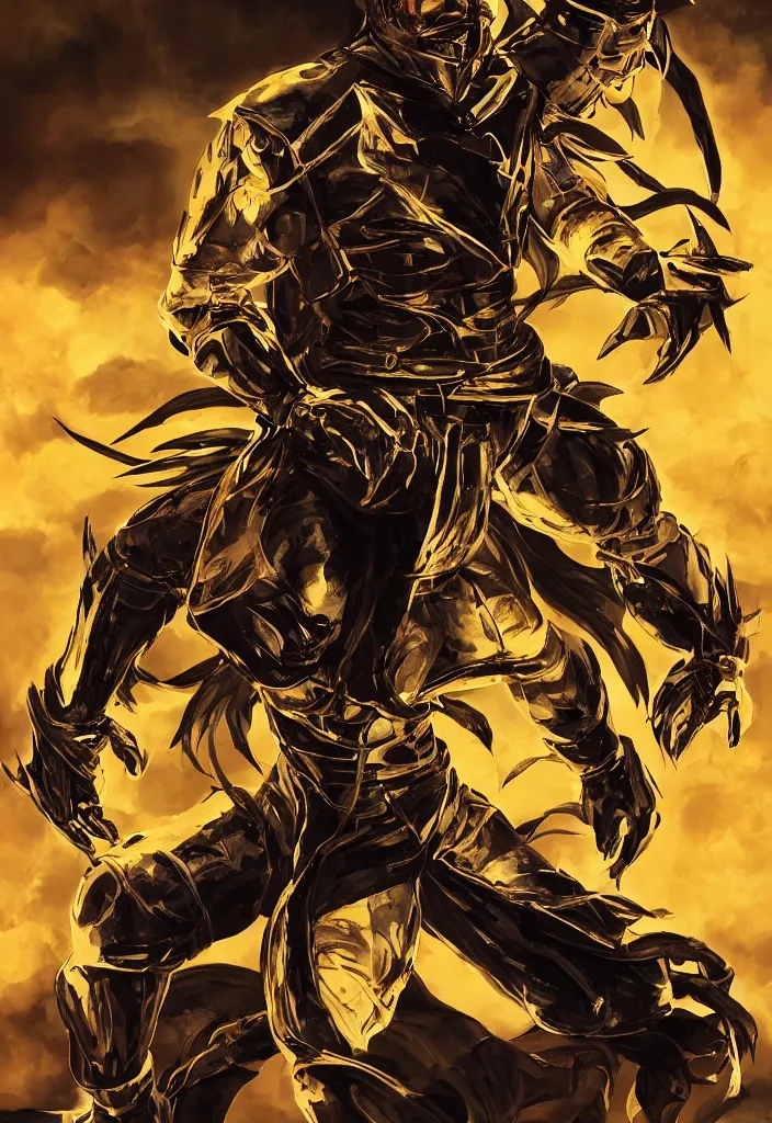 Image similar to full body, full figure portrait of hanzo hasashi scorpion from mortal kombat in the sky, full body shot, camera pulled back far, highly detailed dramatic lighting, artstation, atmospheric perspective, artgerm, mk ninja, epic yellow tight ninja suit, intense contrast, 3 light sources, by lee bermejo, alphonse mucha and greg rutkowski