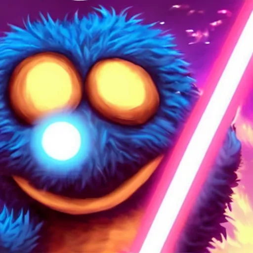 Image similar to angry cookie monster holding a lightsaber, epic anime style.