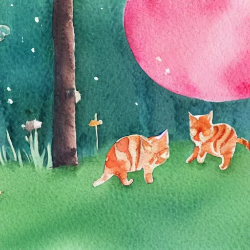 Prompt: tiny watercolour cats wandering through a forest into the distance illustration