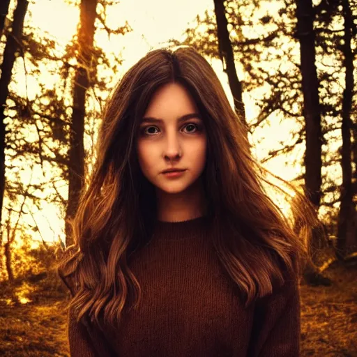 Image similar to real life photo of a beautiful girl, full body photoshoot, long brown hair, brown eyes, full round face, short smile, dark brown sweater, forest setting, cinematic lightning, medium shot, mid - shot, highly detailed, trending on artstation, unreal engine 4 k, 8 0 mm, 8 5 mm, cinematic wallpaper