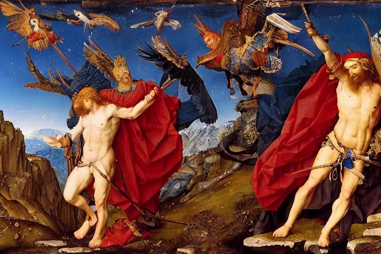 Prompt: apollo and athena on mount olympus, oil painting by jan van eyck, northern renaissance art, oil on canvas, wet - on - wet technique, realistic, expressive, detailed textures, illusionistic detail