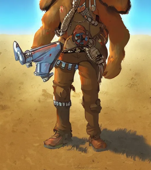 Image similar to stylized three quarters portrait concept art of the burly surly mercenary anthro anthropomorphic dingo dog head animal person fursona wearing clothes adventurer standing in australia outback, hidari, color page, tankoban, 4 k, tone mapping, akihiko yoshida, clean bright happy