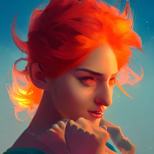 Image similar to portrait of beautiful woman with flaming orange hair, maya ali mage, gloomhaven, dynamic lighting, gaudy colors, octane render aesthetic, matte painting concept art, official fanart behance hd artstation by jesper ejsing, by rhads and makoto shinkai and lois van baarle and ilya kuvshinov and rossdraws