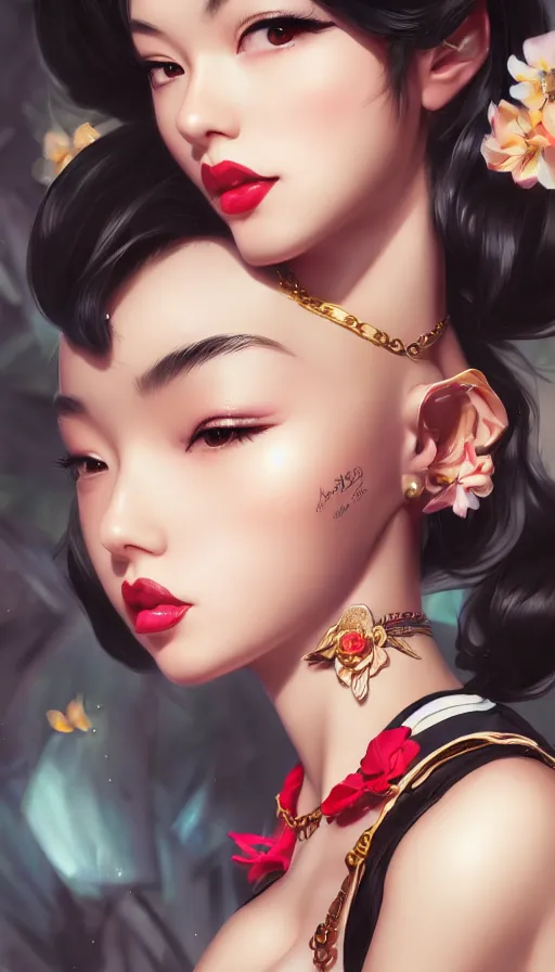 Image similar to a pin up and beautiful fashion and charming and dreamlke asian girl with lv jewelry, medium shot, art by artgerm & ross tran & wlop, hyperdetailed, 8 k realistic, symmetrical, frostbite 3 engine, cryengine, dof, trending on artstation, digital art