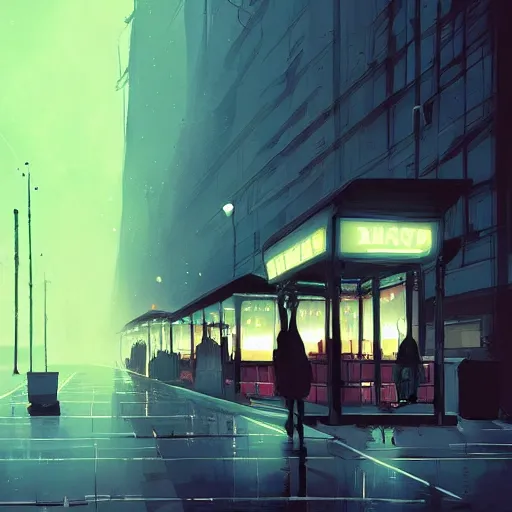 Image similar to dark city bus stop, by Pascal Campion,very detailed,ArtStation