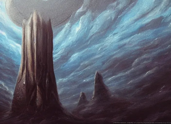 Image similar to close up shot, highly detailed!!!!!!!!!! monolith spaceship in the style of edgar alan poe, oil painting, trending on artstation, hd, 4 k, million of likes