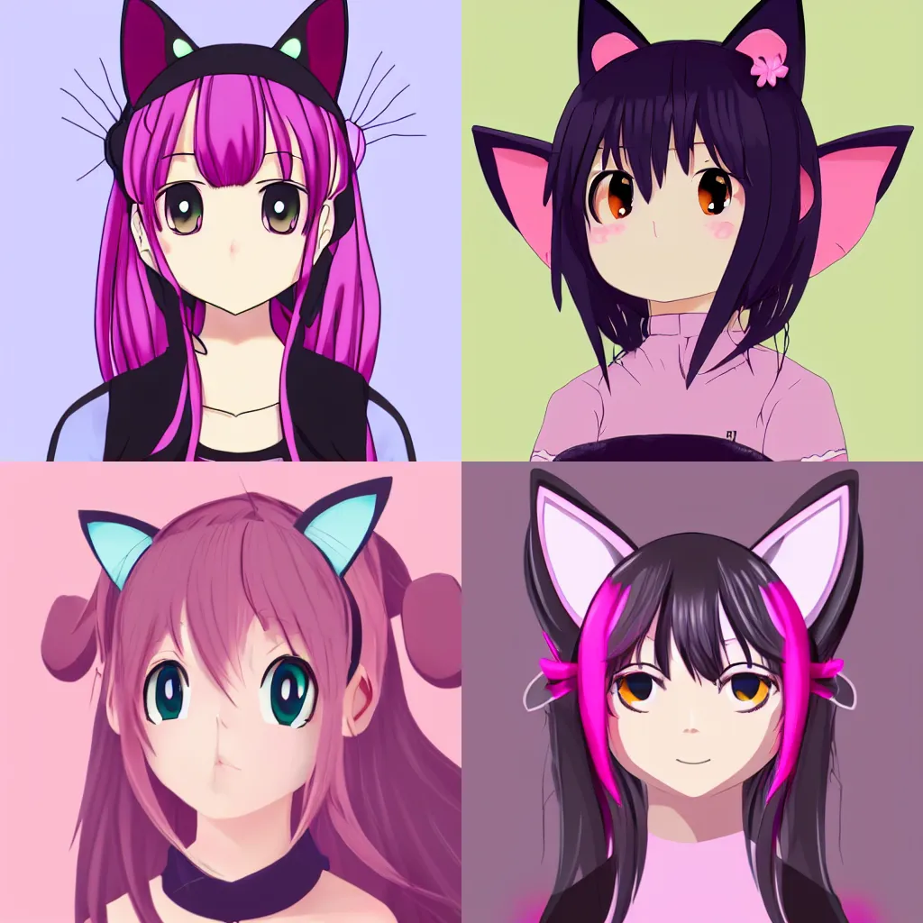 Prompt: frontal portrait of an anime (cat) girl with cat ears. Pink hue.