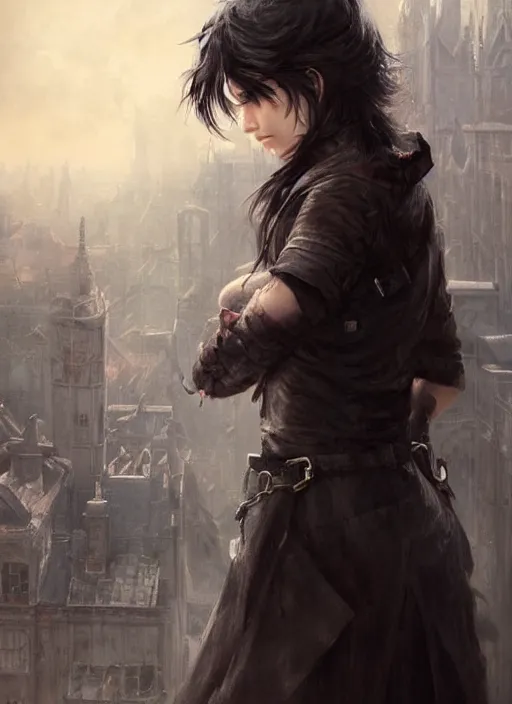 Prompt: a teenage girl with very short dark hair and a tattered grey cloak. she stands on top of a building in a gothic fantasy city. the sky has a red glow and ash is falling. beautiful painting by artgerm and greg rutkowski