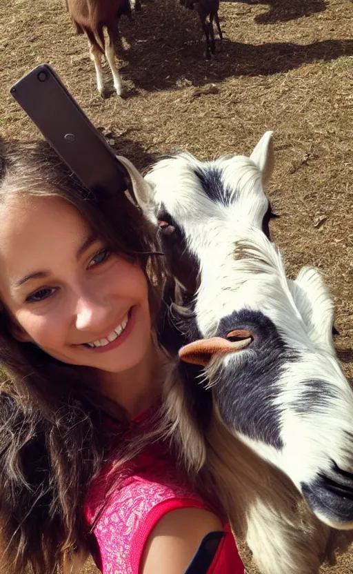 Prompt: beautiful high quality photo of a girl taking a selfie with a goat. vibrant, high quality, very funny, beautiful, hq. hd. 4 k. award winning. trending on artstation