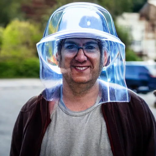 Image similar to photo of a man wearing a transparent bucket on his head