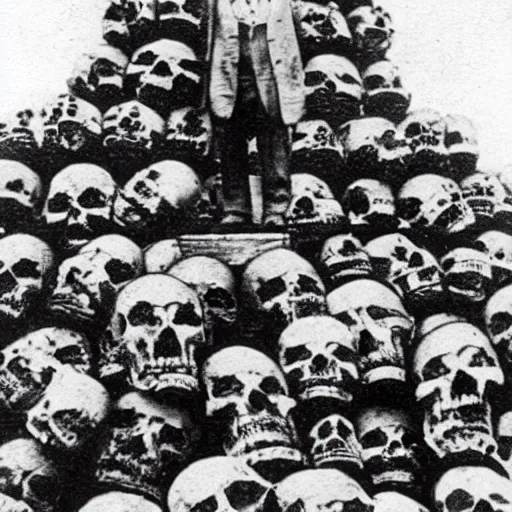 Image similar to a man standing on top of countless skulls, vintage picture from the early 1900’s