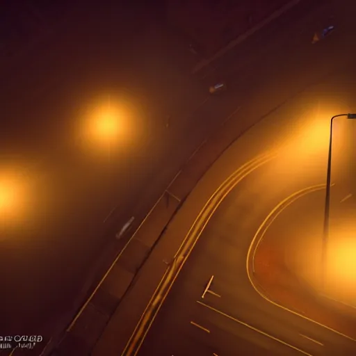 Image similar to A stunningly beautiful award-winning 8K high angle cinematic movie photograph of a foggy intersection in an abandoned 1950s small town at night, by Edward Hopper and David Fincher and Darius Khonji, cinematic lighting, perfect composition, moody low key volumetric light. Color palette from Seven. Shot from above, 3 point perspective, from rooftop