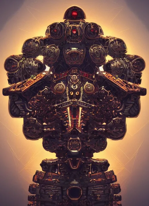 Prompt: mech warrior with complex fractal aztec Ornaments, neural link to an interdimensonal Portal, trending on artstation