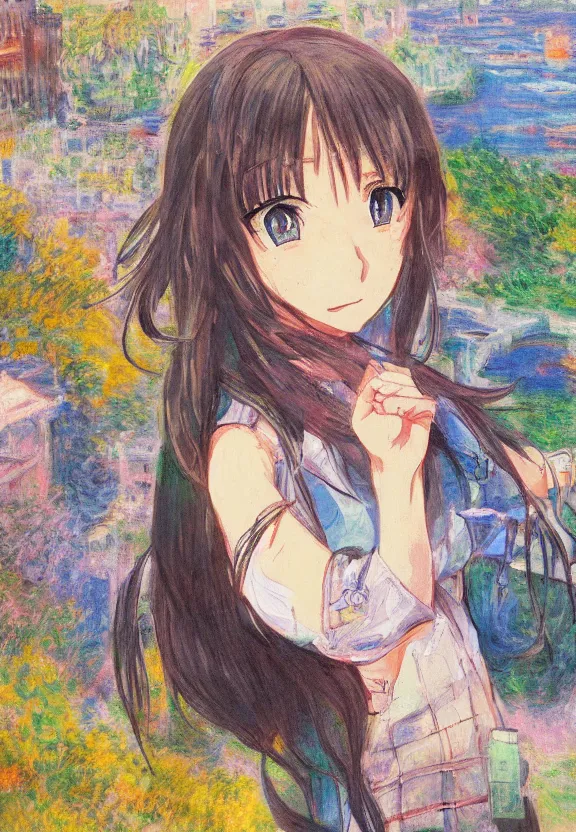 Image similar to wide angle portrait of a teenage girl, a thrifty outfit, very anime in impressionist style, city background, anime trending artwork, anime painter studio, by claude monet