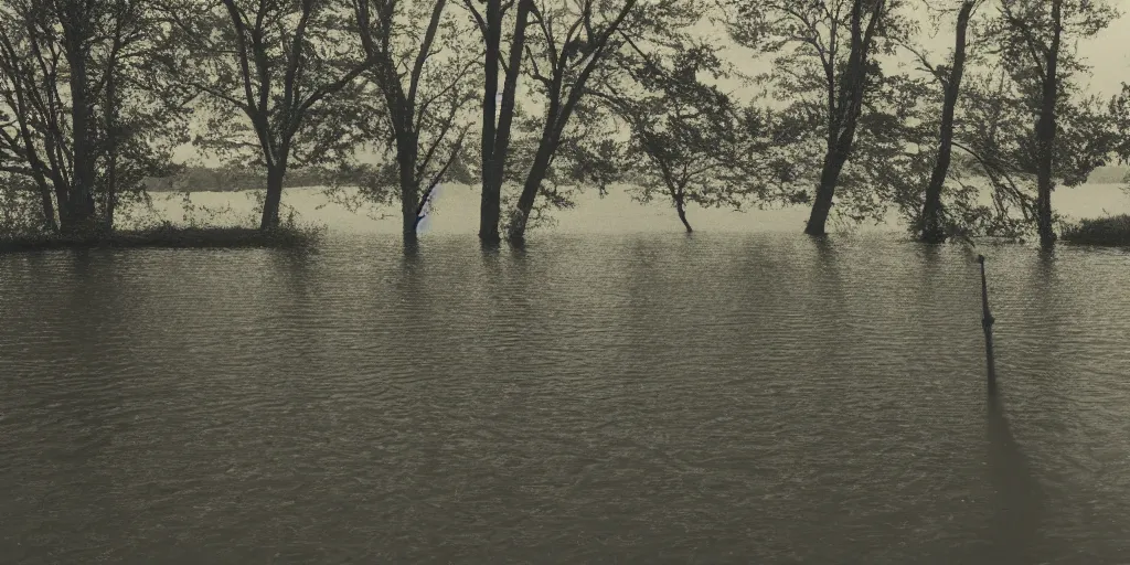 Image similar to centered photograph of a long rope zig zagging across the surface of the water, floating submerged rope stretching out towards the center of the lake, a dark lake on a cloudy day, color film, trees in the background, hyperedetailed photo, moody volumetric, anamorphic lens