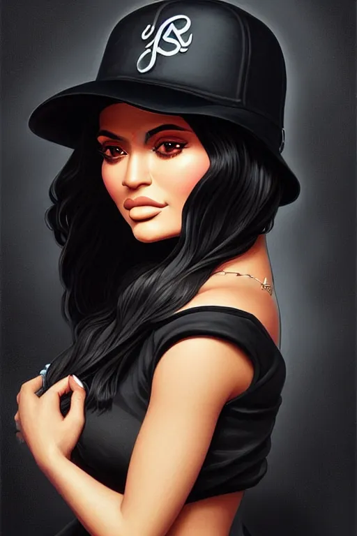 Image similar to Portrait of kylie jenner dressed as eazy e, fantasy, intricate, elegant, highly detailed, digital painting, artstation, concept art, smooth, sharp focus, illustration, art by artgerm and greg rutkowski and alphonse mucha