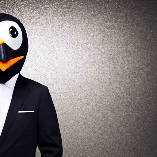 Image similar to Photo of a man in a suit wearing a latex mask of a penguin, dramatic lighting