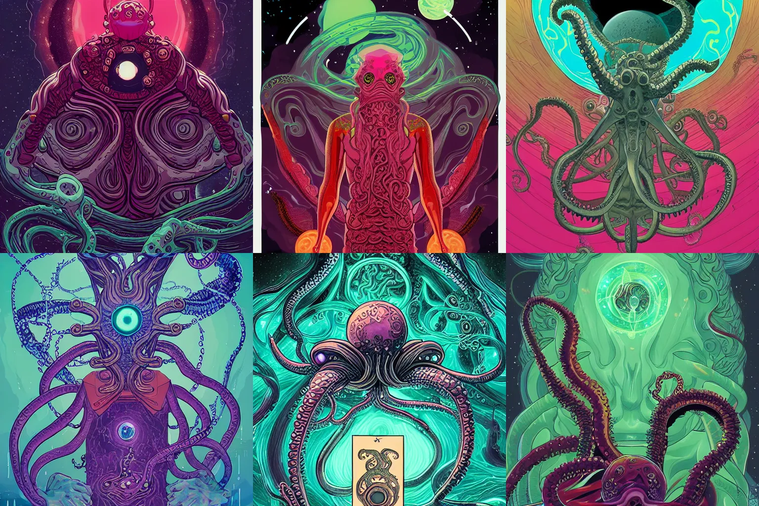 Prompt: digital tarot card painting of an elder god in space by Tomer Hanuka, hyperdetailed, tentacles, eldritch abomination, vivid colors, beautiful, trending on Artstation