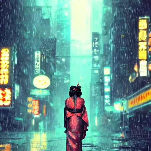 Image similar to geisha in a cyberpunk rainy city at night with a torii in the background, high quality, high detail, 4K, UHD, trending on ArtStation, blade runner vibes, ghost in the shell