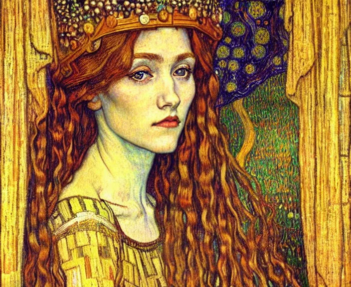 Image similar to detailed realistic beautiful young medieval queen face portrait by jean delville, gustav klimt and vincent van gogh, art nouveau, symbolist, visionary, gothic, pre - raphaelite, muted earthy colors, desaturated